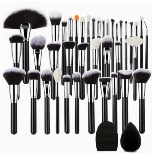 40 Piece Makeup Brush Set Black Silver Animal Hair Foundation Eyeshadow Brushes Setting Brush Liquid Foundation Brush