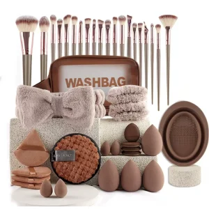 42-Piece Synthetic Hair Plastic Handle Makeup Brush Set Triangle Powder Puff Water Drop Sponge Egg for Ladies Makeup