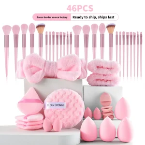 46 Piece Nylon Beauty Tool Brush Set with Wood Handle for Face Washing and Makeup Powder Puff