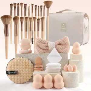 47-Piece Face Makeup Brush Set with Nylon Bristles Plastic Handle Travel Bag & Shaving Brush