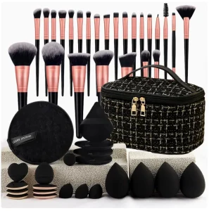 47 Piece Makeup Brush Set with Fashion Style Cosmetic Bag Portable Travel Pouch Powder Puff & Sponge