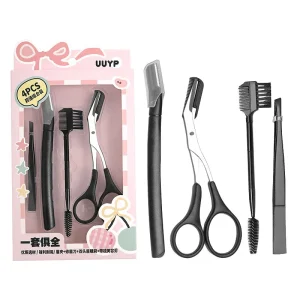 4Pcs Black Eco friendly Stainless Steel Beauty Makeup Kit Pointed Tip Tweezers Extension Scissor Razor Eyebrow Eyelash
