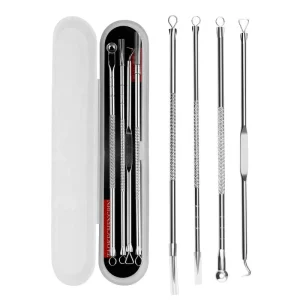 4Pcs Set Comedone Pimple Popper Tool Silver Acne Removal Stainless Steel Acne Needle