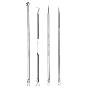 4pcs Curved PC Blackhead Remover Tweezers Kit Portable Box with Steel Acne Needle Beauty Tool for Face Skin