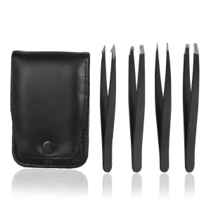 4pcs Custom Logo Brand Eyebrow Tweezers Set Stainless Steel for Ingrown Hair Removal with Leather Case