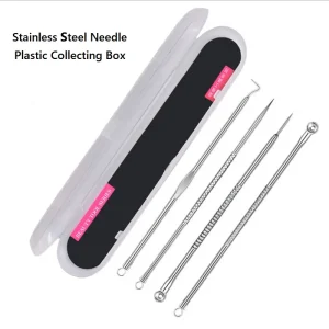 4pcs set Silver Stainless Steel Acne Needle Pimple & Blackhead Remover Extractor Tool Kit with Plastic Collecting Box