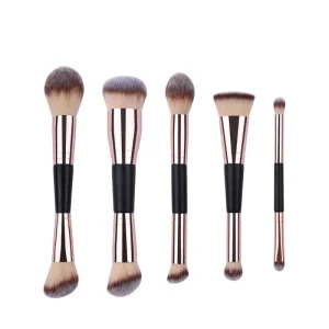 5 Piece Dual Ended Makeup Brush Set Ultra Soft Synthetic Bristles Matte Black Wood Handle Rose Gold Ferrule Travel Friendly