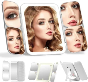5 in 1 Lighted Vanity Trifold Makeup Mirror with Stand 1X Full Face 5x 10x 20x 30x Magnification 3 Color Lighting