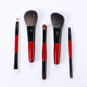 5PCS Red Snow Fox Hair Dual Ended Makeup Brush Set Wood Handle for Face Concealer Application Includes Powder Highlighter