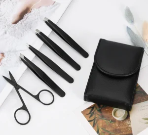5PCS Stainless Steel Beauty Eyebrow Scissors and Tweezers with Slanted Tip Eyebrow Clip Tweezers Set with PU Black Leather Case