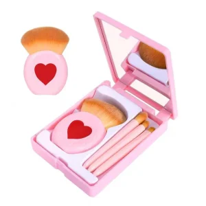 5Pcs Cute Pink Kids Makeup Brush Set Soft Synthetic Girls Mini Small Travel Size Makeup Brushes With Mirror Case