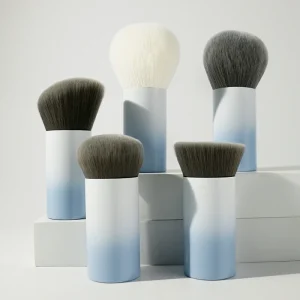 5Pcs Gradient Blue Synthetic Hair Makeup Brush Set High Density Kabuki Brush Kit for Blush and Powder with Soft Taklon Bristles
