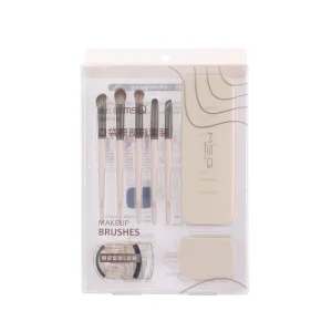 5pcs Professional Eye Makeup Brush Kit Mirror Eyelash Curler Eyeliner Eyebrow Pencil Synthetic Hair Wood Handle Beige