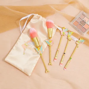 5pcs Vivid Tinker Bell Makeup Brush Set Cute Tinker Bell Gold Makeup Brushes Eyeshadow Brush for Girl Gift