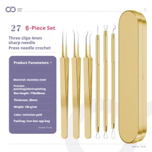 6-Piece Gold Stainless Steel Acne Needle Set Sharp Needle Press Crochet Needle Three Clips for Blackhead Pimple