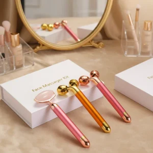 6 in 1 Vibrating Face Roller Skin Lifting Energy Beauty Bar Anti Aging Metal Rose Quartz Electric Jade Roller