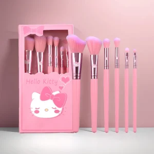 6pcs Pink Kitty Cat Makeup Brush Set Cute Wooden Handle Makeup Brush with Paper Box Girls Gifts Eye Shadow Brush Makeup Tool