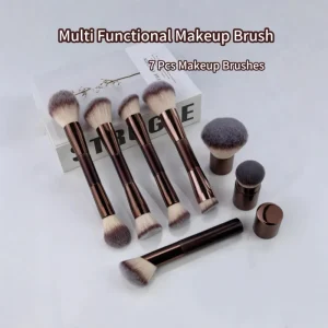 7 Double Headed Synthetic Fibre Makeup Brush Set Wood Handle for Foundation Powder Blush Cosmetic Beauty Tools