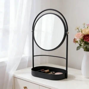 7 Inches Black Portable Double Sided 3x & 5x Magnifying Round Travel Makeup Mirror Metal Stand Storage Tray OEM Customizable