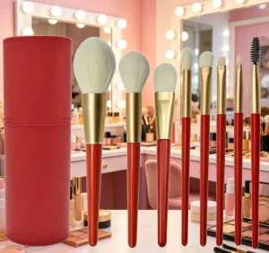 8 Pcs Red Professional Makeup Brush Set Wood Handle Synthetic Hair Fan Brush Concealer Face Eye Shadow Blush Kit