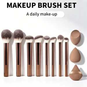 8 Piece Brown Synthetic Hair Makeup Brush Set with Long Handle Powder Puff for Eyelash and Face Travel Use