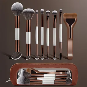 8 Piece Professional Aluminum handle Nylon Makeup Brush Set Dual ended Design Including Powder Blending Contour Brushes