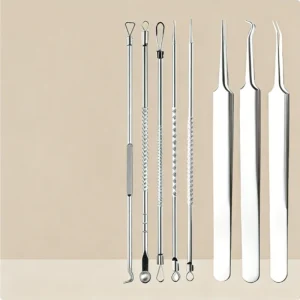 8 Piece Stainless Steel Ultra Fine Acne Treatment Blackhead Removal Needle Set with Cell Clip Tweezers Salon Beauty Tool