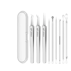 9 Piece Stainless Steel Double Pressure Needle Blackhead Cell Clip Pimple Extractor Storage Case Acne Treatment