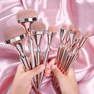 9pcs Professional Makeup Brush Set with Rose Gold Handles and Synthetic Hair for Face & Foundation