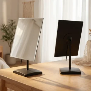 Adjustable Desktop Makeup Mirror Black Frameless Design HD Glass Surface with Stable Base for Vanity Bathroom & Travel