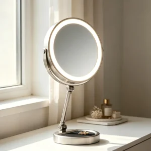 Adjustable Tilt LED Cosmetic Mirror Double Sided Magnifying 3 Color Light Desktop Vanity Makeup Mirror Support Custom Factory