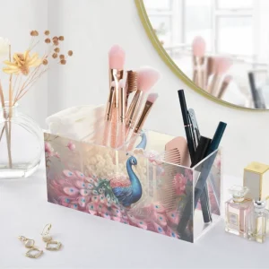 Aesthetic Peacock Art UV Printed Acrylic Vanity Organizer Multi-functional Makeup Brush Holder Desktop Stationery Storage Box