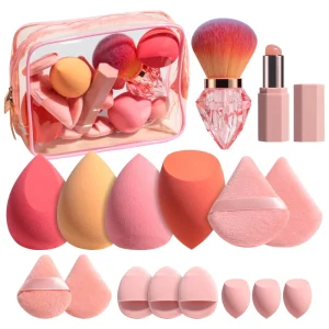 All in One Face Makeup Tool Set Non Latex Makeup Sponge Custom Logo Triangle Powder Puff Makeup Kabuki Brush with Bag