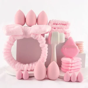 All in One Makeup Sponge Kit Pink Beauty Sponge Set with Headband Mini & Large Cosmetic Sponges for Daily Skincare
