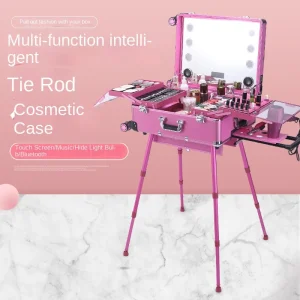 Aluminum Alloy Bluetooth Trolley Case for Makeup Artists Foldable Multifunctional Tattoo Beauty Toolbox Lights Tie Rod Cosmetic