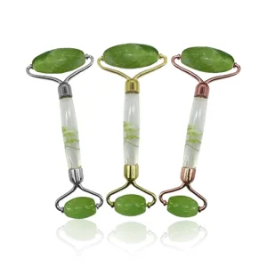 Anti Aging Skin Care Dry Flower Infused Green Jade Rollers Jade Face Roller Massager Flower Handle Gold Jade Roller