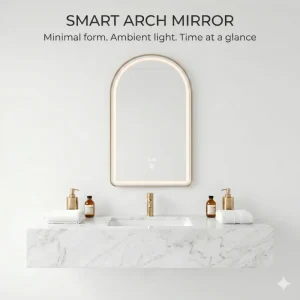 Arch Smart LED Bathroom Vanity Mirror with Time Display 3 Colors Dimmable Aluminum Gold Frame Backlit Wall Mounted