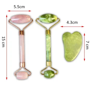Authentic Jade Rose Quartz Roller Facial Beauty Skin Care Tools Natural Gua Sha 3-In-1 Stone Face Massager Kit Soap Mask