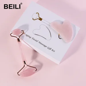 BEILI Natural Pink Jade Roller Gouache Scraper GuaSha Board Set Face Massager Facial Gua Sha Massage Tool Cellulite Reduction