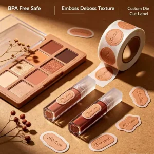 BPA Free Safe Emboss Deboss Texture Custom Shape Die Cut Makeup Label for Cosmetic Palette and Lip Gloss