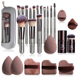 BS MALL All in One Travel Makeup Brush Set Soft Foundation Kabuki Brushes with Sponge Powder Puff Professional Beauty Tools