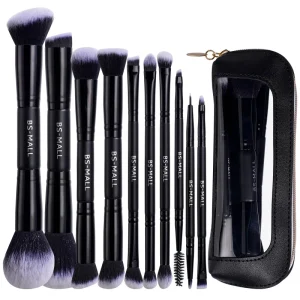 BS MALL Makeup Brushes 12PCS Double End Professional Brush Set Private Label Multi Functional Black Makeup Brushes Set with Bag