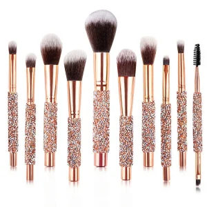 BS10A Professional Vegan Diamond Handle Goat Hair Makeup Brush Set Luxury 10 Piece Bling Makeup Brush Set with Bag