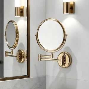 Bathroom Smart Mirror with Wall Mounted Brass Golden Makeup Mirror
