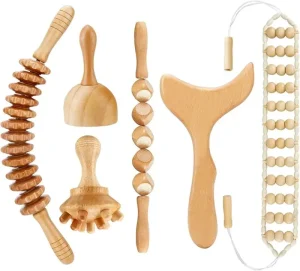 Beech Wood Swedish Therapy Massage Cup Tendon Rolling Stick Scraping Board Mushroom Head Massager Set for Body