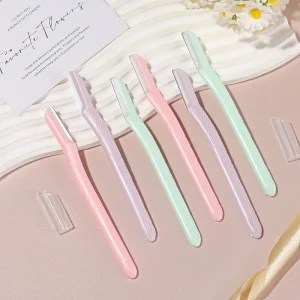 Beginner’s Safe Straight Handle Striped Macro Eyebrow Trimmer 3 Piece Anti Scratch ABS Eyebrow Trimmer