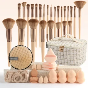 Beige 44-Piece Small Fragrant Wind Set Synthetic Fiber Makeup Brush Set Plastic Handle Super Soft Bristles Shaving Brush