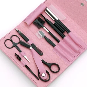 Black 8 Piece Makeup Tool Set Slanted Includes Eyebrow Trimmer Eyelash Scissors Brush Pencil Eyebrow Tweezers for Nail Art