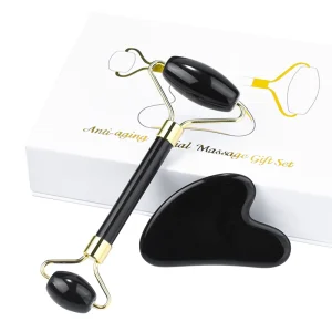 Black Obsidian Face Roller and Gua Sha Set Natural Black Jade Roller and Gua Sha Massager Jade Roller Guasha