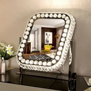 Bohemian Style Square Crystal High Brightness Illuminated Tabletop Mirror for Small Shop Holiday Gift Led Makeup Mirror